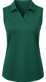 Front view of a green women’s sleeveless golf shirt laid flat, featuring a zip‑up neckline, stand collar, and athletic, tapered silhouette