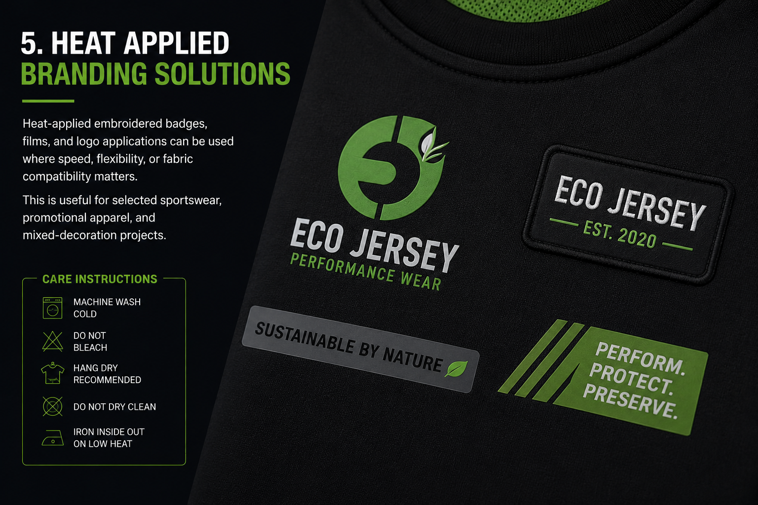 Heat-applied branding solutions for sportswear at Eco Jersey showing various heat transfer logos, films, and badges including Eco Jersey Performance Wear and Sustainable by Nature on a performance fabric garment for speed and flexibility in branding