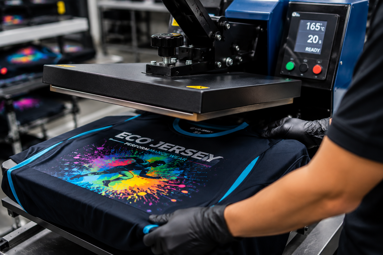 Heat press in action on sports jersey at Eco Jersey showing a worker using a professional heat press machine to apply custom branding and logos to a vibrant blue and purple sublimated sports jersey with high precision and durability features