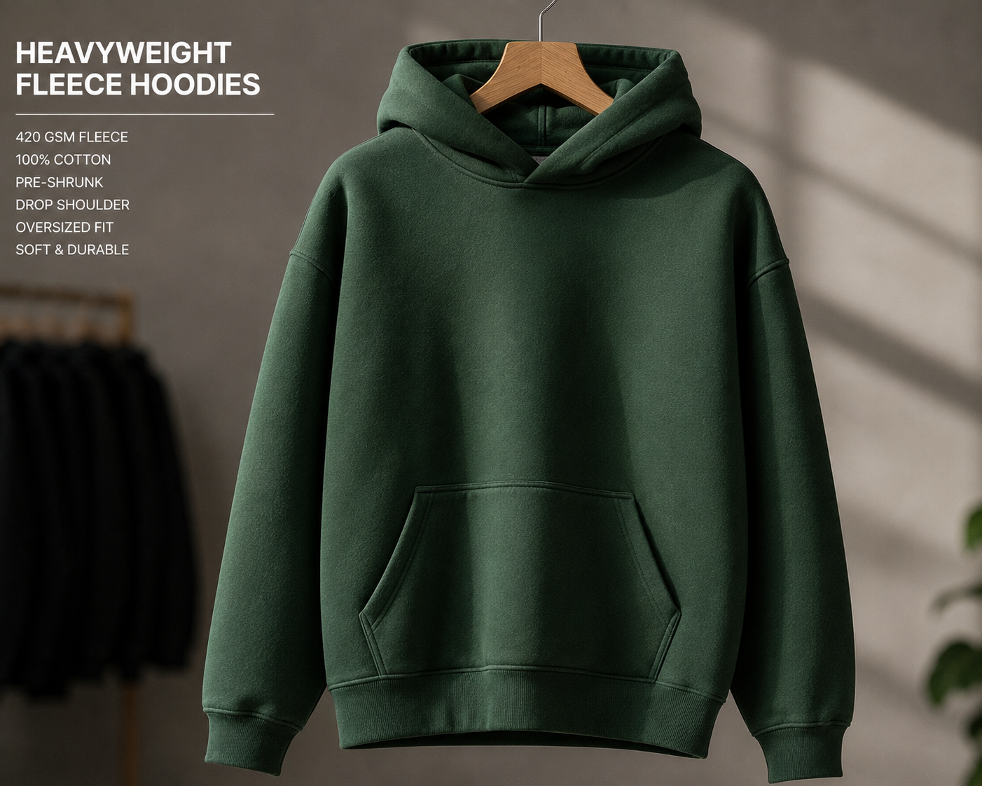 Custom heavyweight fleece hoodie with thick warm fabric for cold weather, manufactured by Eco Jersey Limited