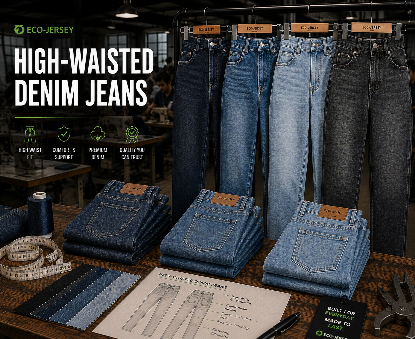 Custom high-waisted denim jeans for women with flattering waistband design, manufactured by Eco Jersey Limited