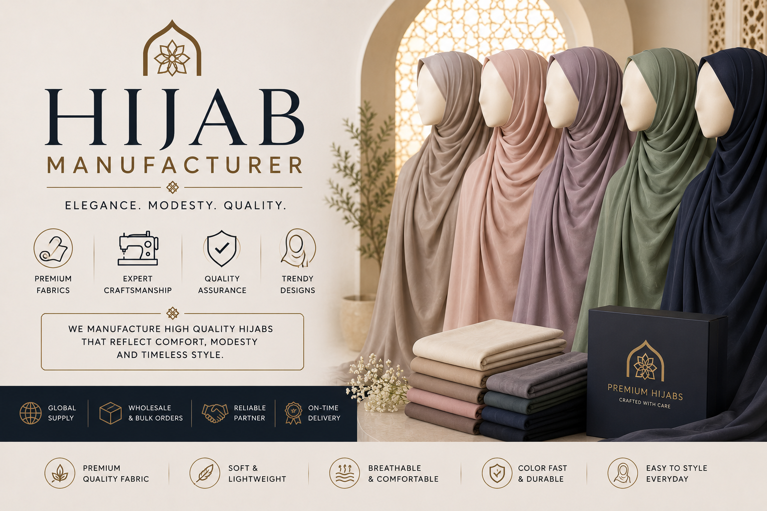 Custom hijab manufacturer banner showcasing premium quality Islamic headscarves for wholesale B2B orders, manufactured by Eco Jersey Limited