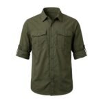 Stack of folded hiking shirts in assorted outdoor colors.