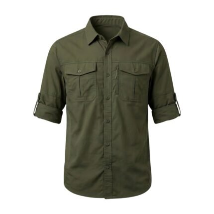 Stack of folded hiking shirts in assorted outdoor colors.