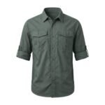 Dark slate hiking shirt front view on plain background.