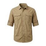 Khaki brown hiking shirt front view on plain background.