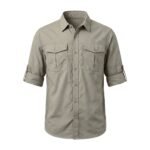 Medium gray hiking shirt front view on plain background.
