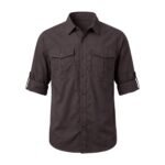 Black hiking shirt front view on plain background.