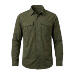 Long‑sleeve hiking shirts hanging on wooden hangers.