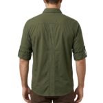 Model wearing a hiking shirt shown from the back view.