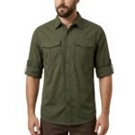 Model wearing a hiking shirt shown from the front.