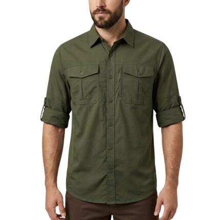Model wearing a hiking shirt shown from the front.