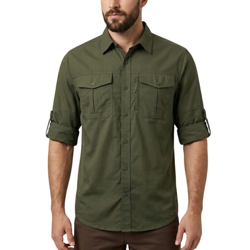 Model wearing a hiking shirt shown from the front.