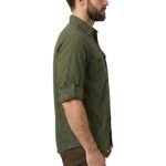 Model wearing a hiking shirt shown from the side view.