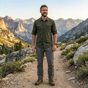 Model wearing a hiking shirt standing in front of a mountain landscape.