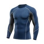 Ice hockey long sleeve compression shirt laid flat, featuring a crew neck, contrast stitching, and a tight athletic baselayer fit.