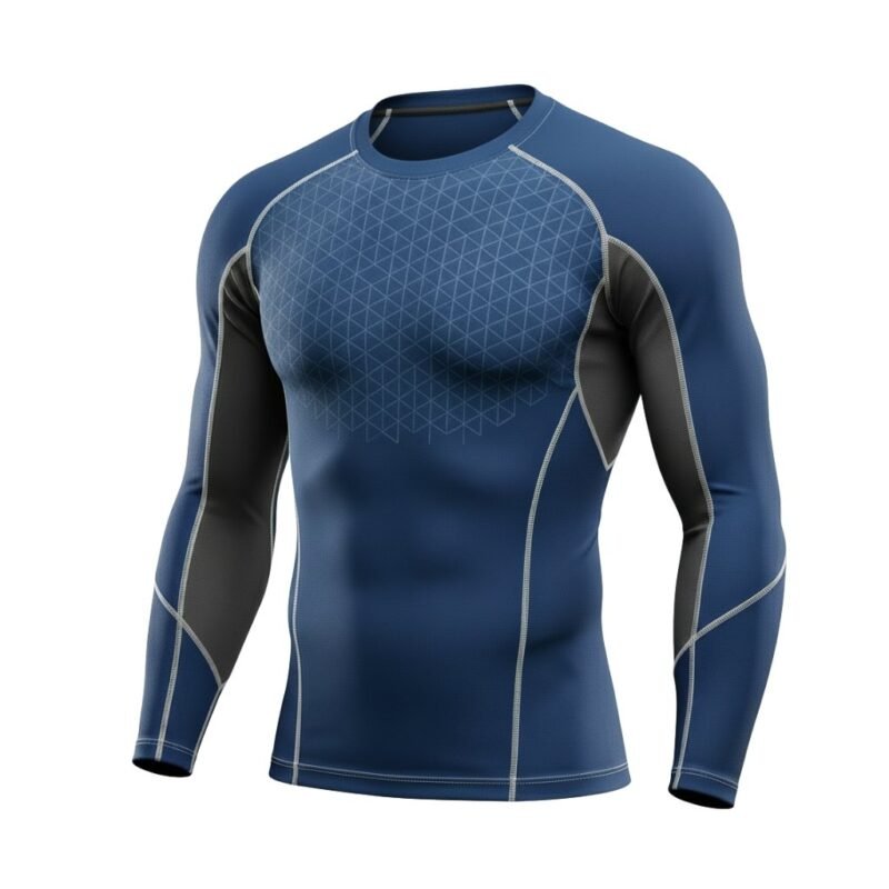 Ice hockey long sleeve compression shirt laid flat, featuring a crew neck, contrast stitching, and a tight athletic baselayer fit.