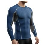 Ice hockey long sleeve compression shirt laid flat, featuring a crew neck, contrast stitching, and a tight athletic baselayer fit.