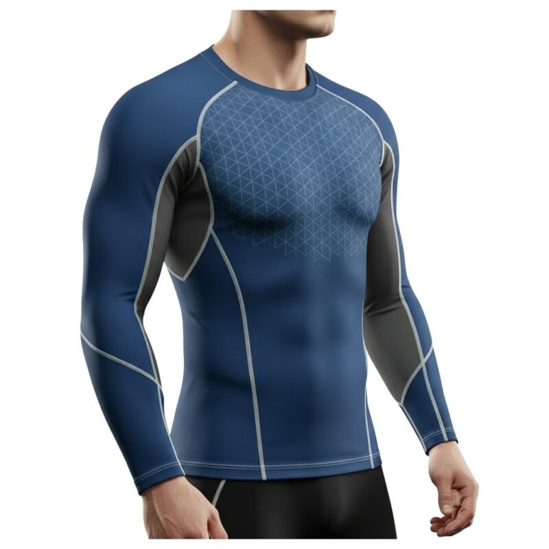 Ice hockey long sleeve compression shirt laid flat, featuring a crew neck, contrast stitching, and a tight athletic baselayer fit.