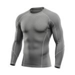 Ice hockey long sleeve compression shirt laid flat, featuring a crew neck, contrast stitching, and a tight athletic baselayer fit.
