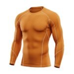 Ice hockey long sleeve compression shirt laid flat, featuring a crew neck, contrast stitching, and a tight athletic baselayer fit.