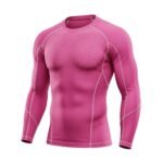 Ice hockey long sleeve compression shirt laid flat, featuring a crew neck, contrast stitching, and a streamlined athletic baselayer fit.