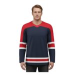 Front view of a navy and white ice hockey jersey with bold striping on the sleeves and hem.