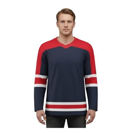 Front view of a navy and white ice hockey jersey with bold striping on the sleeves and hem.