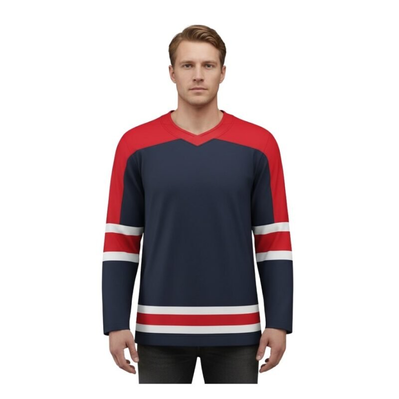 Front view of a navy and white ice hockey jersey with bold striping on the sleeves and hem.