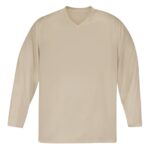 Ice hockey team practice jersey laid flat, featuring a classic V-neck, long sleeves, and a relaxed practice-league fit.