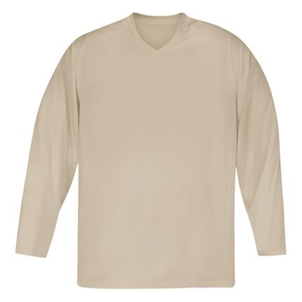 Ice hockey team practice jersey laid flat, featuring a classic V-neck, long sleeves, and a relaxed practice-league fit.