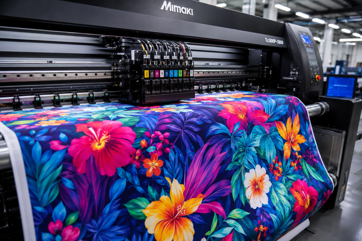 Industrial Mimaki printer at Eco Jersey printing vibrant floral fabric for custom sublimated apparel manufacturing with high-resolution detail and consistent color quality for fashion and sportswear brands worldwide