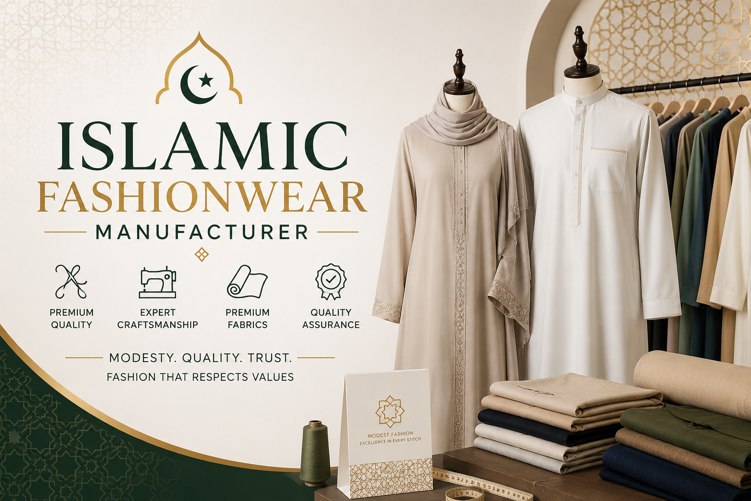 Islamic fashionwear manufacturer hero infographic showcasing Eco Jersey Limited's B2B modest clothing production services for global brands