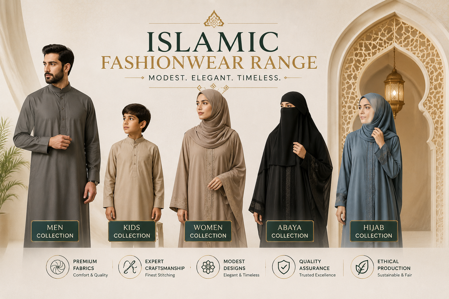 Islamic fashionwear range overview showing full collection of modest clothing including abayas, hijabs, kaftans and tunics, manufactured by Eco Jersey Limited
