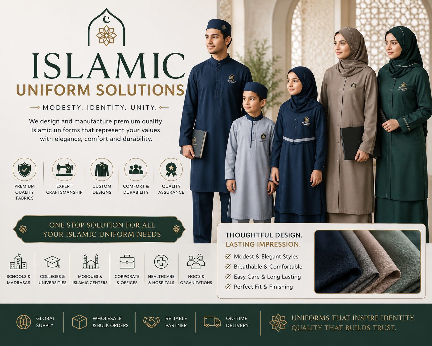 Islamic uniform solutions infographic showcasing custom modest Islamic fashionwear for schools and institutions, manufactured by Eco Jersey Limited