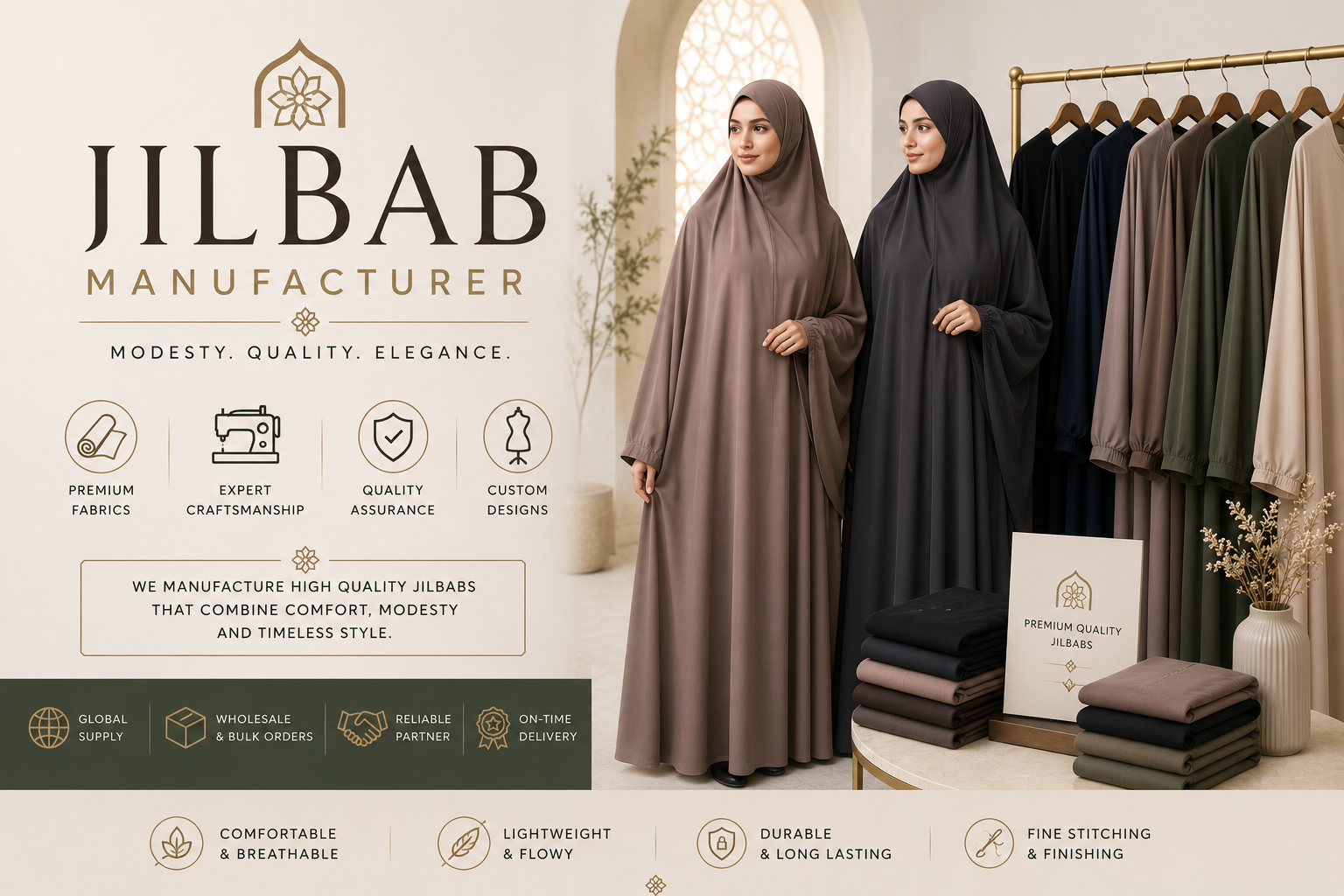 Custom jilbab manufacturer banner showcasing full-length Islamic modest outerwear for wholesale B2B orders, manufactured by Eco Jersey Limited