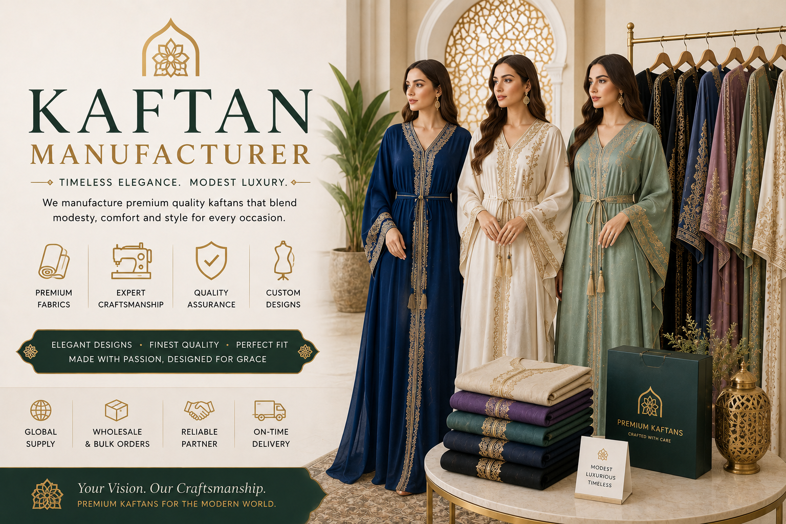 Custom kaftan manufacturer banner showcasing elegant Islamic modest kaftans for wholesale fashion brands, manufactured by Eco Jersey Limited