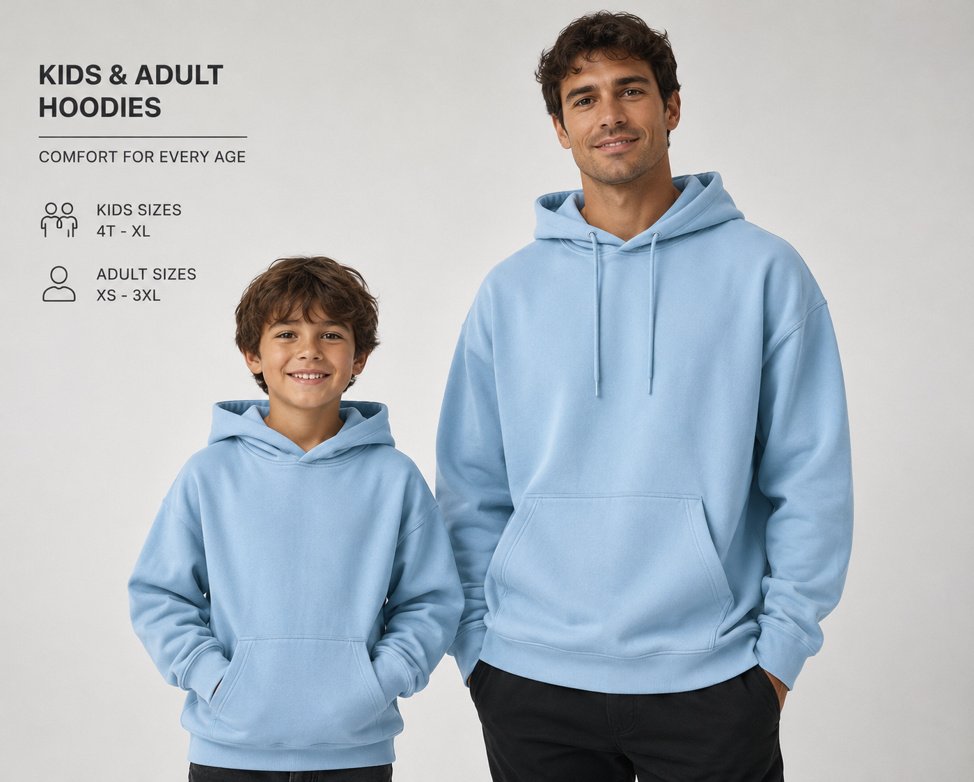 Custom kids and adult hoodies in various sizes for wholesale orders, manufactured by Eco Jersey Limited