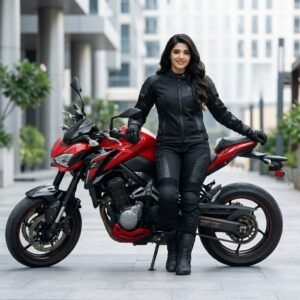 Female motorbike rider model wearing protective ladies’ motorbike pants, standing in a riding pose.