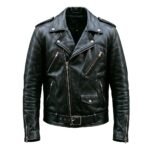 Black leather biker jacket front view on plain background.
