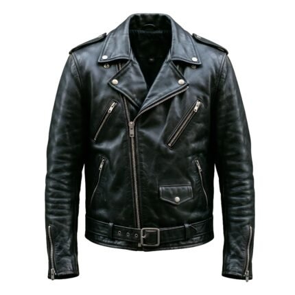 Black leather biker jacket front view on plain background.
