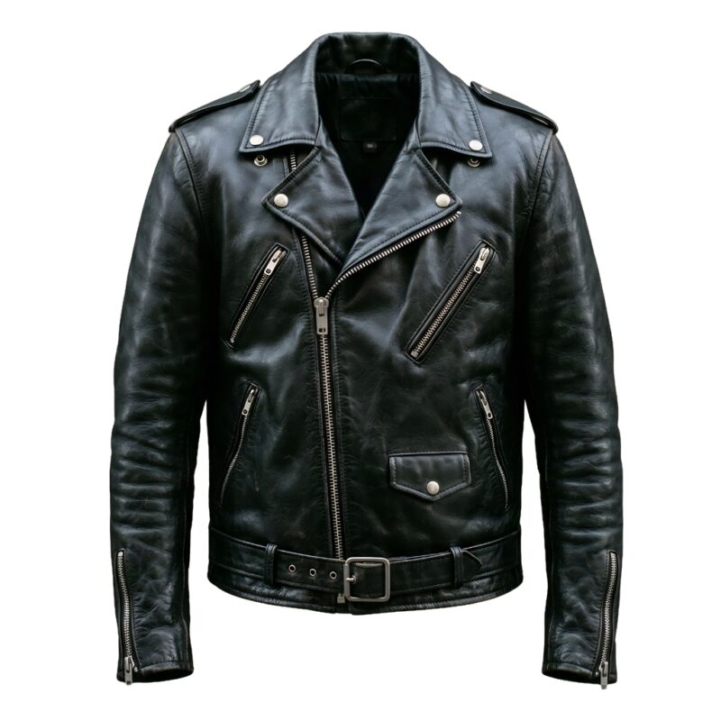 Black leather biker jacket front view on plain background.