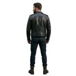 Male model wearing a black leather biker jacket back view.