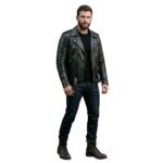 Male model wearing a black leather biker jacket front view.