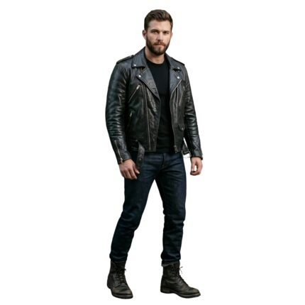 Male model wearing a black leather biker jacket front view.