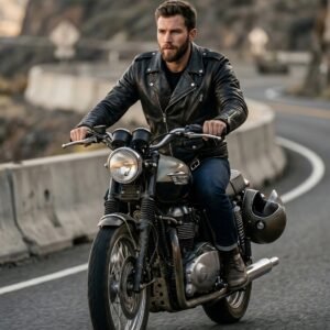 Motorbike rider wearing a leather biker jacket while riding a motorcycle.