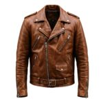 Medium dark brown leather biker jacket front view on plain background.