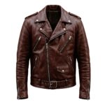Rich brown leather biker jacket front view on plain background.