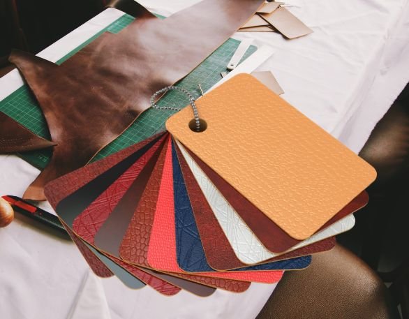 Showcase of leather swatch during the leather pants manufacturing process
