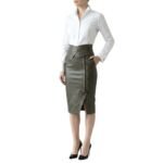 Model wearing dark olive faux leather pencil skirt with new design for professional wear